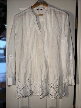 FYLO London White Eyelet Tunic Blouse Embroidered Sequin Pintuck Boho Shirt. L